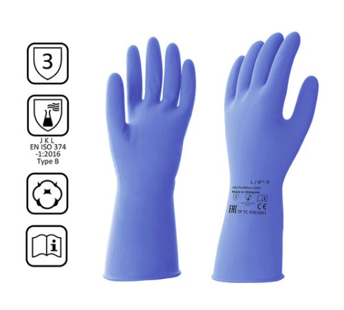 Перчатки латексные КЩС, сверхпрочные, плотные, хлопковое напыление, размер 8,5-9, L (большой), синие, HQ Profiline, 74735
