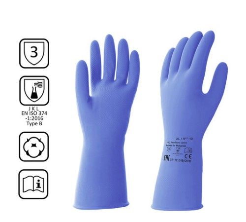 Перчатки латексные КЩС, сверхпрочные, плотные, хлопковое напыление, размер 9,5-10, XL (очень большой), синие, HQ Profiline, 74736