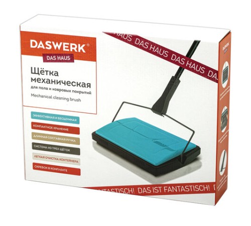 Щетка-веник-пылесос механическая для пола и ковровых покрытий, металл, чёрно-бирюзовая, DASWERK (ДАСВЕРК), 608948