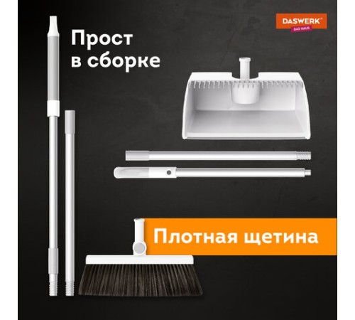 Совок для мусора с черенком 84 см + щетка с телескопическим черенком 63-108 см, магнитное крепление, бело-серый, DASWERK (ДАСВЕРК), 608950