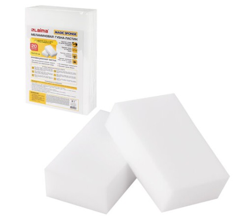 Губка-ластик МЕЛАМИНОВАЯ для удаления пятен, для чистки кухни, уборки, обуви, 10х7х3 см, КОМПЛЕКТ 20 шт., полибэг, LAIMA, 608955.