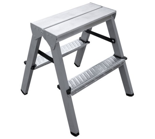 Стремянка стальная двухсторонняя 2х2 ступени, высота площадки 0,44м, алюминиевая площадка 35х16см, до 150кг, вес 2,8кг НОВАЯ ВЫСОТА, 1160202