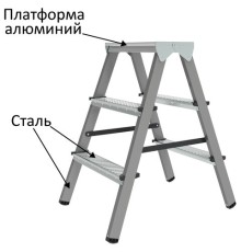 Стремянка стальная двухсторонняя 2х3 ступени, высота площадки 0,66м, алюминиевая площадка 35х16см, до 150кг, вес 4,2кг НОВАЯ ВЫСОТА, 1160203