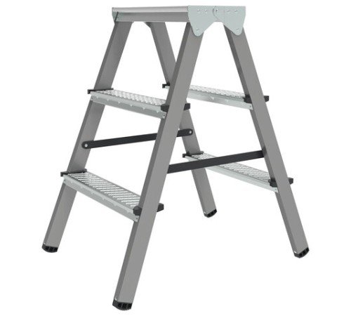 Стремянка стальная двухсторонняя 2х3 ступени, высота площадки 0,66м, алюминиевая площадка 35х16см, до 150кг, вес 4,2кг НОВАЯ ВЫСОТА, 1160203