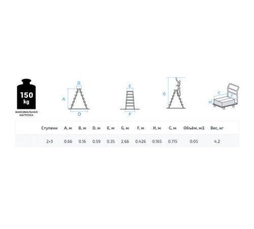 Стремянка стальная двухсторонняя 2х3 ступени, высота площадки 0,66м, алюминиевая площадка 35х16см, до 150кг, вес 4,2кг НОВАЯ ВЫСОТА, 1160203