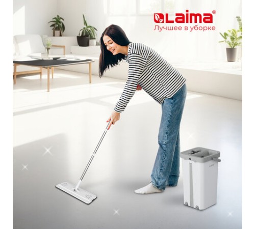 Швабра с отжимом и ведром 12л/9л двухкамерное, 2 насадки микрофибра, карманы с 2-х сторон, рукоятка 134-154см белый NeoMop XL, LAIMA,609149