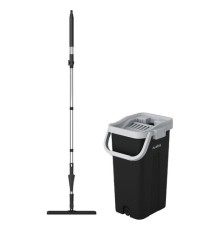 Швабра с отжимом и ведром 10л/7л двухкамерное, 2 насадки микрофибра, карманы с 2-х сторон, рукоятка 134-154см черный AltaMop L, LAIMA,609151