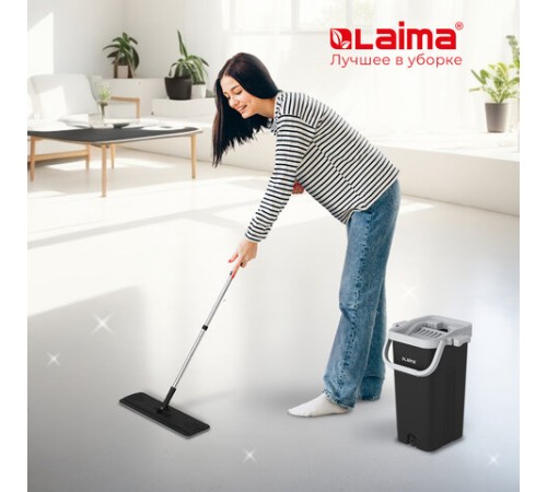 Швабра с отжимом и ведром 10л/7л двухкамерное, 2 насадки микрофибра, карманы с 2-х сторон, рукоятка 134-154см черный AltaMop L, LAIMA,609151