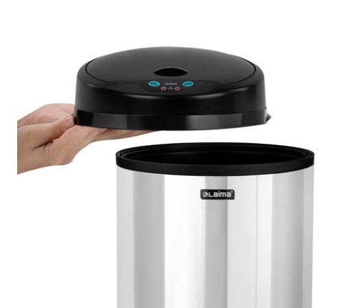 Ведро для мусора СЕНСОРНОЕ 12 л, нержавеющая сталь, черная матовая крышка, питание от 4-х батареек AA (не входят в комплект), LAIMA, 609326