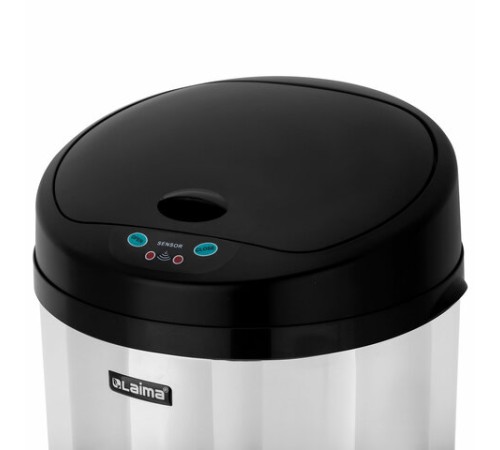 Ведро для мусора СЕНСОРНОЕ 12 л, нержавеющая сталь, черная матовая крышка, питание от 4-х батареек AA (не входят в комплект), LAIMA, 609326