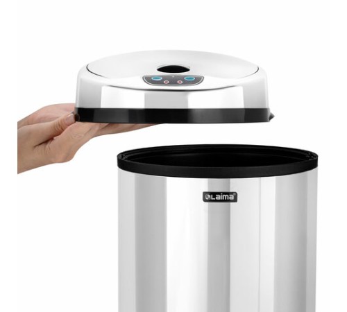 Ведро для мусора СЕНСОРНОЕ 12 л, нержавеющая сталь, зеркальная крышка, питание от 4-х батареек AA (не входят в комплект), LAIMA, 609327