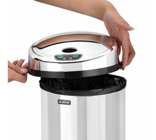 Ведро для мусора СЕНСОРНОЕ 12 л, нержавеющая сталь, зеркальная крышка, питание от 4-х батареек AA (не входят в комплект), LAIMA, 609327