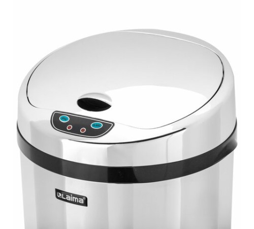 Ведро для мусора СЕНСОРНОЕ 12 л, нержавеющая сталь, зеркальная крышка, питание от 4-х батареек AA (не входят в комплект), LAIMA, 609327