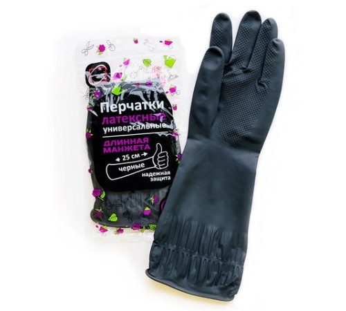 Перчатки МНОГОРАЗОВЫЕ латексные ДЛИННАЯ МАНЖЕТА 25 см ЧЕРНЫЕ, размер 8-9, L (большой), вес 90 г, КП, 139596