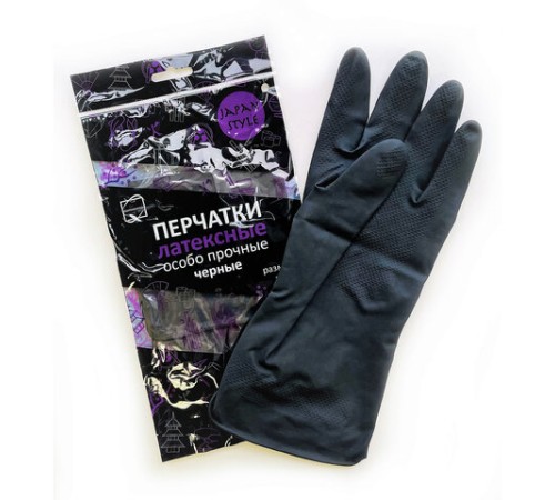 Перчатки МНОГОРАЗОВЫЕ латексные с хлопковым волокном Japan Style ЧЕРНЫЕ, размер 8-9, L (большой), вес 63 г, КП, 139593