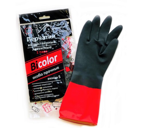 Перчатки МНОГОРАЗОВЫЕ латексные BiColor черно-красные, хлопчатобумажное напыление, размер 6,5-7, S (малый), вес 60 г, КП, 139468