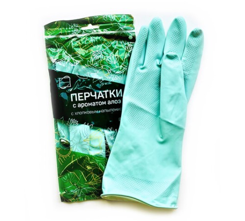 Перчатки МНОГОРАЗОВЫЕ латексные с ароматом АЛОЭ зеленые, хлопчатобумажное напыление, размер 8-9, L (большой), вес 63 г, КП, 139598