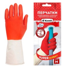 Перчатки МНОГОРАЗОВЫЕ латексные БИКОЛОР ПРОЧНЫЕ, бело-красные, размер 7-8, M (средний), вес 70 г, Komfi, ADM, 25813