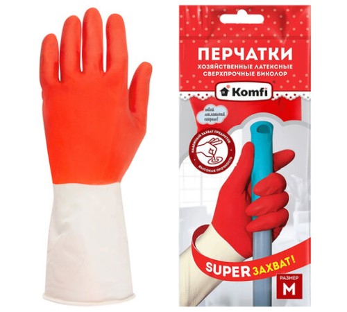 Перчатки МНОГОРАЗОВЫЕ латексные БИКОЛОР ПРОЧНЫЕ, бело-красные, размер 7-8, M (средний), вес 70 г, Komfi, ADM, 25813