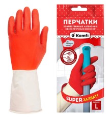 Перчатки МНОГОРАЗОВЫЕ латексные БИКОЛОР ПРОЧНЫЕ, бело-красные, размер 8-9, L (большой), вес 72 г, Komfi, ADM, 25814