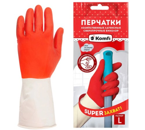 Перчатки МНОГОРАЗОВЫЕ латексные БИКОЛОР ПРОЧНЫЕ, бело-красные, размер 8-9, L (большой), вес 72 г, Komfi, ADM, 25814