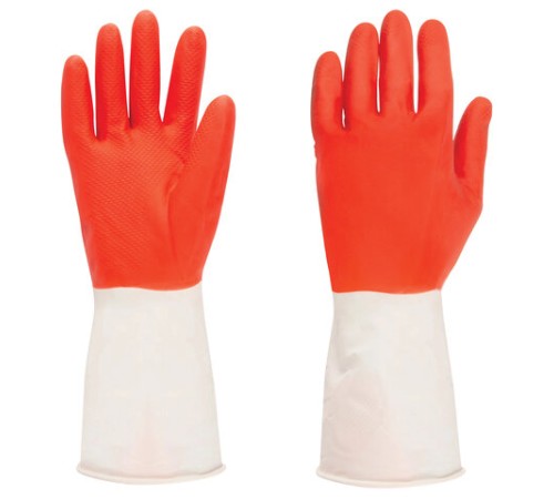 Перчатки МНОГОРАЗОВЫЕ латексные БИКОЛОР ПРОЧНЫЕ, бело-красные, размер 8-9, L (большой), вес 72 г, Komfi, ADM, 25814