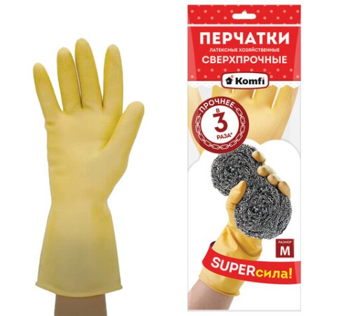 Перчатки МНОГОРАЗОВЫЕ латексные SUPER СИЛА СВЕРХПРОЧНЫЕ, бежевые, размер 7-8, M (средний), вес 96 г, Komfi, ADM, 20073