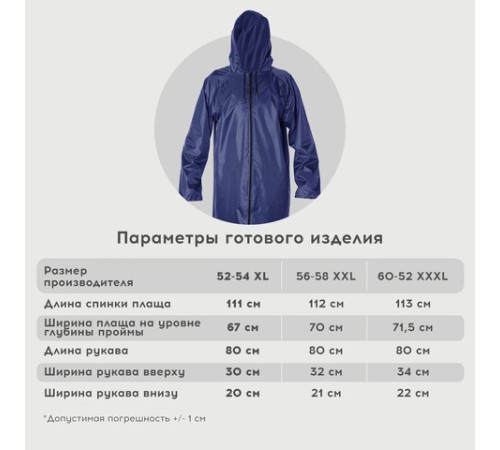 Дождевик-плащ синий на молнии многоразовый с ПВХ-покрытием, размер 56-58 (XXL), рост 170-176, ГРАНДМАСТЕР, 610867