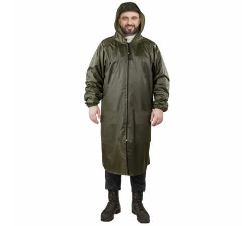 Дождевик-плащ хаки С КАРМАНАМИ многоразовый на молнии, размер 56-58, рост 170-176, ГРАНДМАСТЕР, 610884