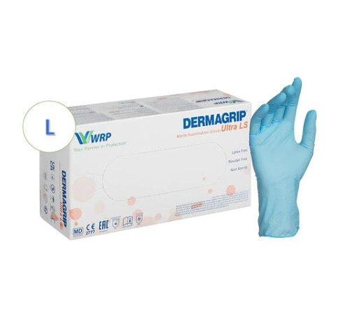 Перчатки нитриловые смотровые, 100 пар (200 штук), повышенная чувствительность, размер 8-9, L (большой), DERMAGRIP Ultra, D1103-27