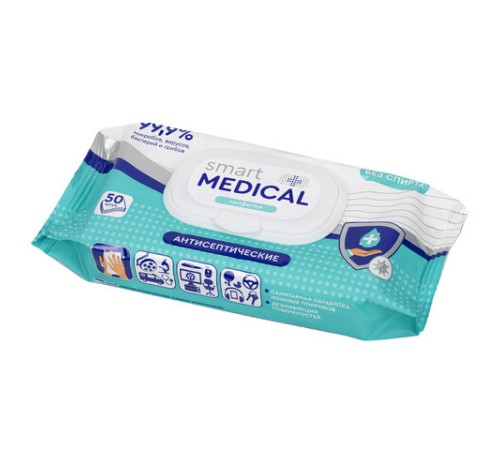 Антисептические салфетки влажные 50 штук SMART MEDICAL, без спирта, крышка-клапан, 72034