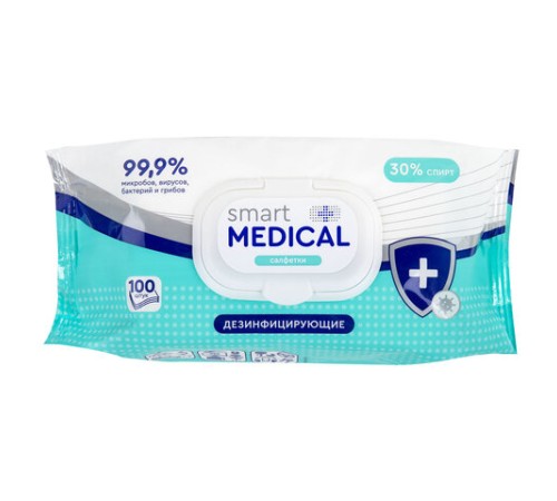 Дезинфицирующие салфетки спиртовые 100 штук SMART MEDICAL, крышка-клапан, 72029