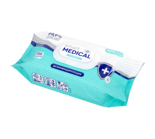 Дезинфицирующие салфетки спиртовые 100 штук SMART MEDICAL, крышка-клапан, 72029