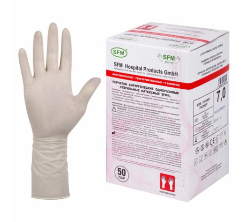 Перчатки латексные стерильные хирургические, КОМПЛЕКТ 50 пар (100 штук), Германия, размер 7, М (средний), SFM