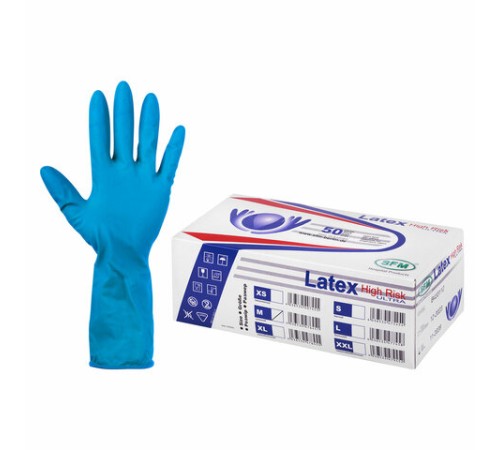 Перчатки латексные смотровые сверхпрочные SFM HIGH RISK ULTRA, Германия, 25 пар (50 штук), размер 7-8, M (средний)
