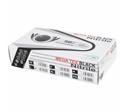 Перчатки нитриловые сверхпрочные с текстурой SFM MEGA TEX BLACK, Германия, 25 пар (50 штук), размер 8-9 (большой)