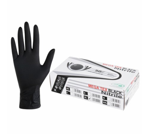 Перчатки нитриловые сверхпрочные с текстурой SFM MEGA TEX BLACK, Германия, 25 пар (50 штук), размер 9-10, XL (очень большой)