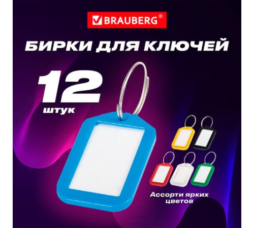 Бирки для ключей КОМПЛЕКТ 12 шт., длина 50 мм, инфо-окно 35х20 мм, АССОРТИ, BRAUBERG, 231152 Бирки для ключей КОМПЛЕКТ 12 шт., длина 50 мм, инфо-окно 35х20 мм, АССОРТИ, BRAUBERG, 231152