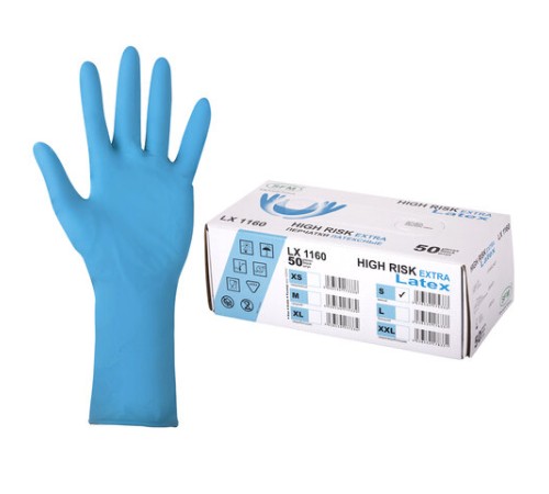 Перчатки латексные смотровые сверхпрочные SFM HIGH RISK LX 1160, Германия, 25 пар (50 штук), размер 6-7, S (малый)