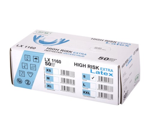 Перчатки латексные смотровые сверхпрочные SFM HIGH RISK LX 1160, Германия, 25 пар (50 штук), размер 6-7, S (малый)
