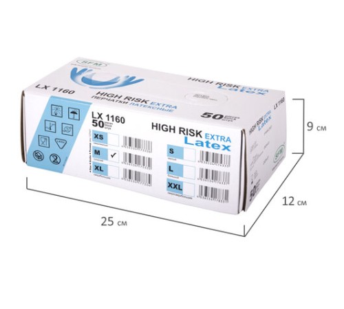 Перчатки латексные смотровые сверхпрочные SFM HIGH RISK LX 1160, Германия, 25 пар (50 штук), размер 7-8, M (средний)