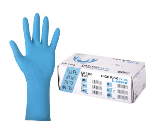 Перчатки латексные смотровые сверхпрочные SFM HIGH RISK LX 1160, Германия, 25 пар (50 штук), размер 8-9, L (большой)