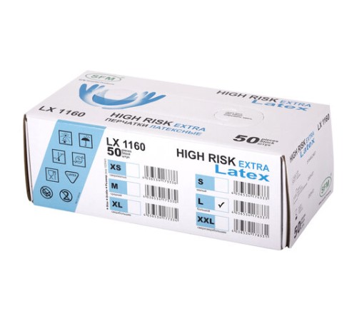 Перчатки латексные смотровые сверхпрочные SFM HIGH RISK LX 1160, Германия, 25 пар (50 штук), размер 8-9, L (большой)