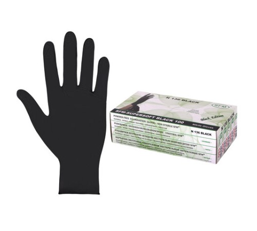 Перчатки нитриловые смотровые SFM Supersoft N136, Германия, 100 пар (200 штук), размер 7-8, M (средний), черные