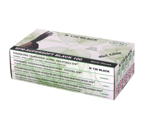 Перчатки нитриловые смотровые SFM Supersoft N136, Германия, 100 пар (200 штук), размер 7-8, M (средний), черные