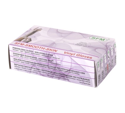 Перчатки виниловые смотровые 50 пар (100 штук), размер 7-8, M (средний), прозрачные, SFM, Германия