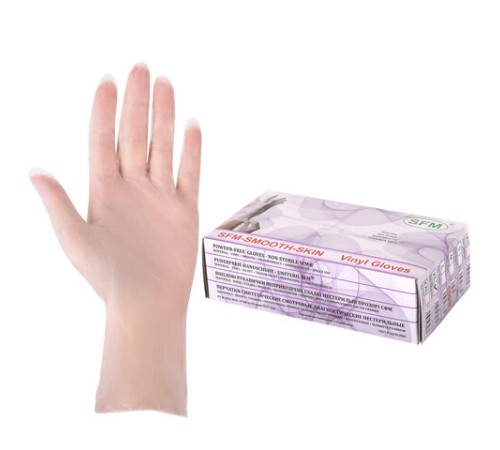 Перчатки виниловые смотровые 50 пар (100 штук), размер 9-10, XL (очень большой), прозрачные, SFM, Германия