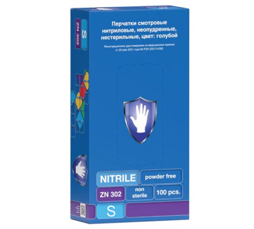 Перчатки нитриловые смотровые 50 пар (100 шт.), размер S (малый), голубые, SAFE&CARE ZN302, ЧЗ