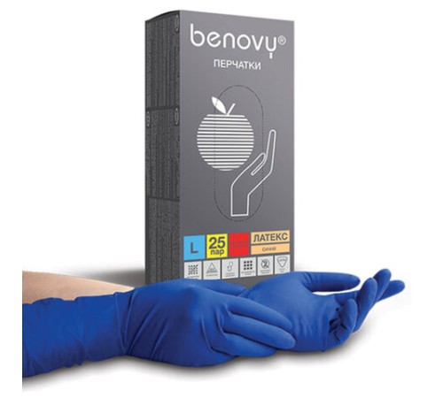 Перчатки латексные смотровые 25 пар (50 штук), прочные, размер 8-9, L (большой), BENOVY High Risk