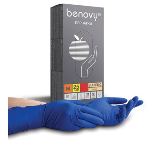 Перчатки латексные смотровые 25 пар (50 штук), прочные, размер 7-8, M (средний), BENOVY High Risk